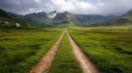 A winding dirt trail cuts through a verdant meadow, guiding one's thoughts to the towering mountain range, evoking a sense of adventure and curiosity for the unknown.