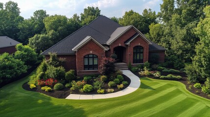 Beautifully landscaped modern home with vibrant gardens and lush greenery in a serene neighborhood