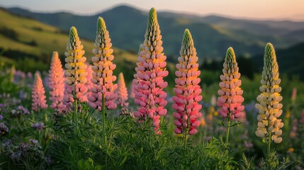 Sunset Lupines Meadow Mountain Landscape