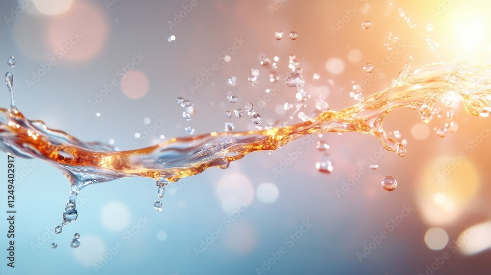 Poster a stunning display of water splashing against a soft background, illuminated by warm light, creating