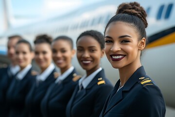 Obraz premium Diverse flight crew in front of an airplane, multicultural airline team at work