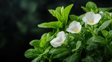 Three elegant white flowers sitting gracefully among lush green leaves, enhanced by droplets of water, highlighting the beauty of nature's design.
