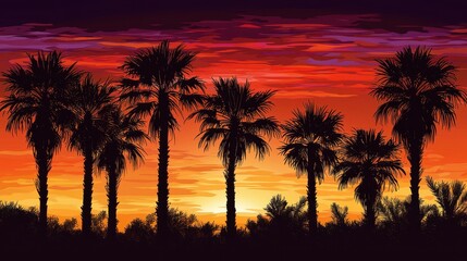 Painting of palm trees silhouetted against a colorful sunset sky