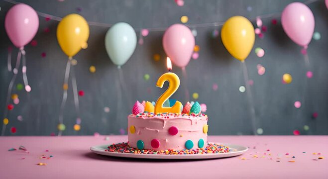 2nd birthday celebration cake, with candles in the shape of the number 2