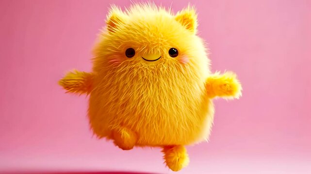 Colorful plush creature bouncing joyfully