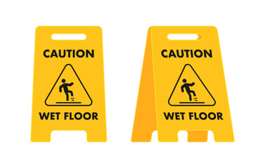 Yellow caution wet floor warning signs preventing slipping accident