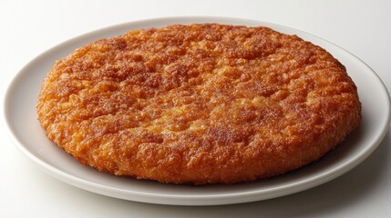 Round, golden-brown, crispy flatbread on white plate, studio shot