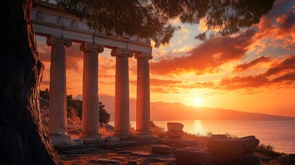 Obraz premium Temple of Poseidon at Sunset, Greece: A Golden Hour Masterpiece