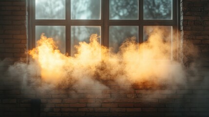 A mesmerizing display of ethereal smoke billowing through a brick window, capturing the light beautifully and creating an atmosphere of mystery and contemplation.