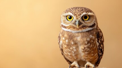 Naklejka premium This image features a beautiful owl with distinctive yellow eyes, showcasing its intricate feather patterns against a soft, warm-toned background, embodying nature's stunning beauty.