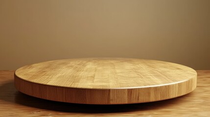 Round wooden display platform on table, neutral backdrop