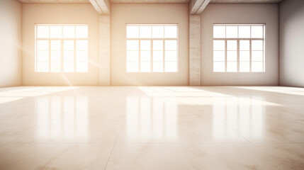 Obraz premium A spacious modern interior with large floor-to-ceiling windows allowing soft natural light. 