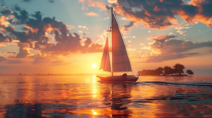 A serene sunset sailboat gliding on calm waters, surrounded by breathtaking clouds.