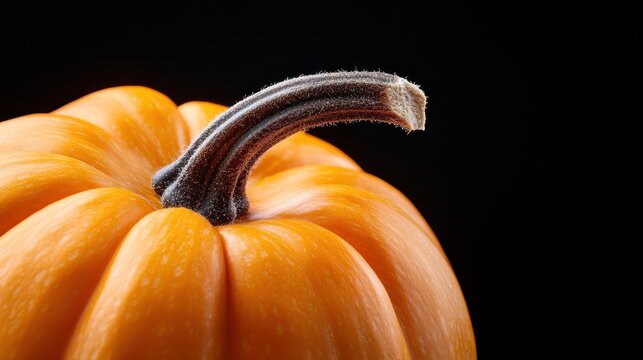 This close-up image focuses on the textured stem of a pumpkin set against a dark backdrop, emphasizing its unique details and natural beauty.