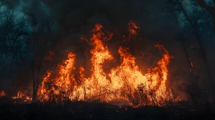 Forest Fire: Wildfire Flames, Smoke, Burning Trees, Disaster, Heat, Emergency, Destruction, and Nature Crisis