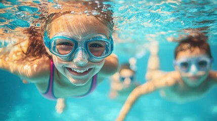Naklejka premium Girl wearing a swimming suit and goggles preparing to dive into a pool