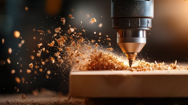 This captivating image showcases a CNC router engaged in crafting wood, sending shavings into the air, embodying the art and science of woodworking technology.