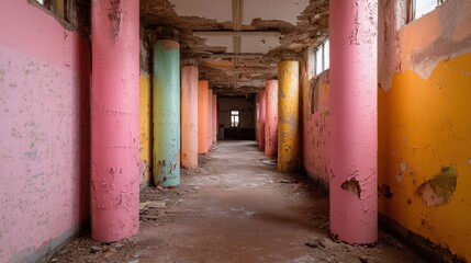 An intriguing view of an abandoned corridor marked by peeling colors and weathered pillars, illustrating the haunting beauty of neglect and decay over time.