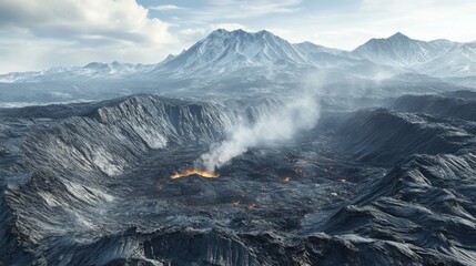 Volcanic eruption in snowy mountains; aerial view