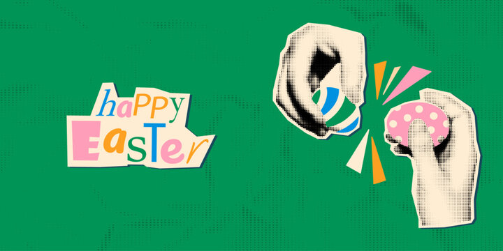 Happy Easter modern retro halftone art collage banner template. Cut out magazine shapes of hands holding Easter eggs tapping or knocking them together. Trendy mixed media vector illustration