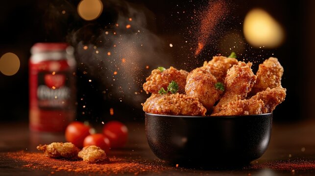 A rustic bowl filled with savory chicken wings garnished with fresh herbs, combined with a visual appeal of floating spices, making it perfect for social gatherings and celebrations.