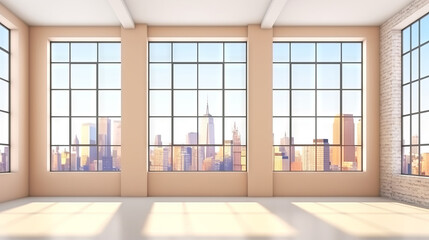 Obraz premium A spacious modern interior with large floor-to-ceiling windows allowing soft natural light