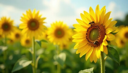 Bees buzzing around a field of tall sunflowers with bright yellow pollen, bee swarm, pollen