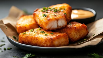 An appealing view of golden, crispy fried fish fillets served with a rich dipping sauce on a sleek dish, perfect for seafood lovers seeking a delightful culinary experience.