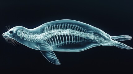 Digital rendering of a sea lion, showcasing its internal skeletal structure, in a dark background, utilizing a pixelated artistic style.