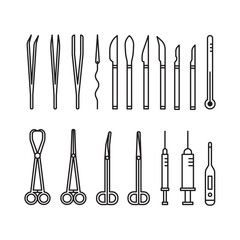 Set of surgery tool in vector black and white line icon style