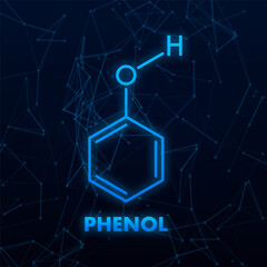 Phenol molecular structure with connected dots forming geometric pattern on dark blue background