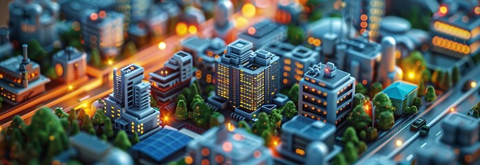 Obraz premium A vibrant miniature cityscape showcasing detailed buildings and lively streets at night.