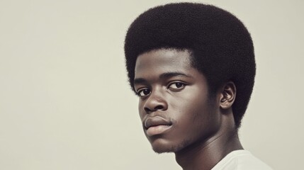 Fototapeta premium Young man, serious expression, studio portrait, neutral background, profile view