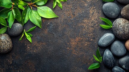 A collection of stones and leaves arranged on a black background showcasing natural textures and colors