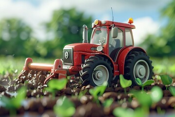 Naklejka premium A vibrant red tractor working in a green field, tilling the soil and nurturing crops.