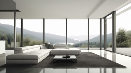 Fototapeta premium A spacious modern interior with large floor-to-ceiling windows allowing soft natural light