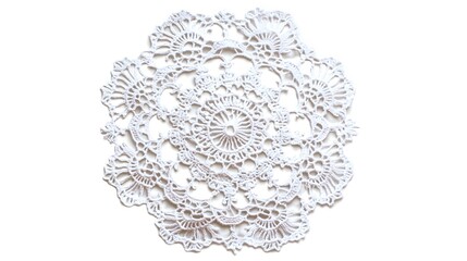 A delicate white lace doily, clean white background, transparent isolate