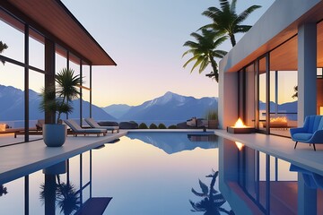 Fototapeta premium Tranquil Poolside Oasis Surrounded by Majestic Mountains Under a Clear Sky Inviting Relaxation and Scenic Beauty Perfect for Leisure and Rejuvenation in a Picturesque Natural Environment