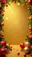 Glittering garlands adorn a luxurious golden backdrop with festive flowers, shine, ornaments, festive