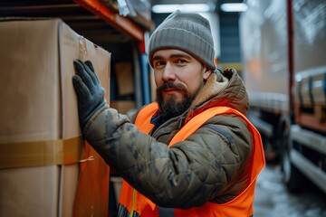 A warehouse worker organizing packages with careful attention in a busy environment.