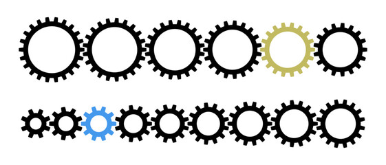 Black gears, inserted into each other with teeth and arranged in straight row in descending size in diameter. Circular links of one chain of engineering structures, relationships, processing.