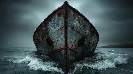 Fototapete Rund Rusty shipwreck bow in stormy sea, dramatic sky © Agung