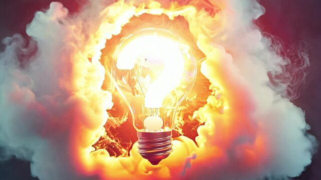Igniting creativity: lightbulb transforms from question mark in fiery cloud