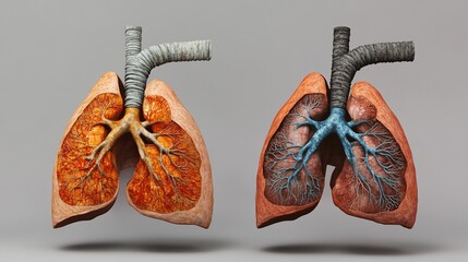 Healthy vs. diseased lungs 3D model; medical comparison