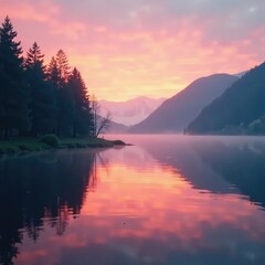 Fototapeta premium Muted colors of dawn on still lake surface, misty veil, quiet, calm