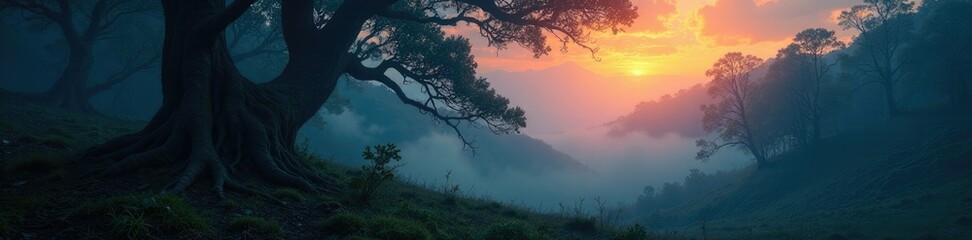 Fototapeta premium Mysterious forest at dusk with twisted tree branches and mist, misty, forest-floor, mountain