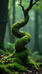 Obraz premium Mysterious green moss tendrils wrap around the base of a bare tree branch, twisted, mysterious