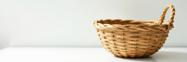 Obraz premium Natural woven bamboo basket rests on white surface, rustic, natural fiber