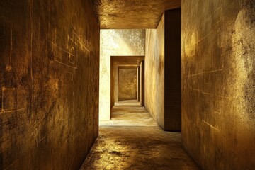 An endless gold textured corridor with geometric etched walls