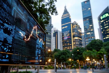 Digital transformation for the future of adaptation City skyline with financial data display at dusk.